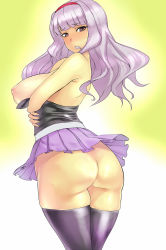 1girl ass bare_shoulders black_thighhighs blush breasts brown_eyes female_focus hairband highres idolmaster idolmaster_(classic) large_breasts looking_back nipples no_panties pokkora shijou_takane silver_hair skirt solo thighhighs thighs