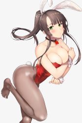 Rule 34 | 10s, 1girl, alternate costume, animal ears, bare arms, blush, breast hold, breasts, brown hair, brown pantyhose, choker, cleavage, crossed arms, fake animal ears, feet, female focus, floating hair, from side, green eyes, grey background, hair ribbon, hairband, hareno chiame, heart, jewelry, kirasaka sayaka, large breasts, leg lift, leg up, leotard, long hair, looking at viewer, neck, necklace, no shoes, pantyhose, parted lips, playboy bunny, rabbit ears, rabbit tail, red leotard, ribbon, see-through, shy, sidelocks, simple background, solo, spread toes, standing, standing on one leg, strapless, strapless leotard, strike the blood, tail, toes, white background, wrist cuffs