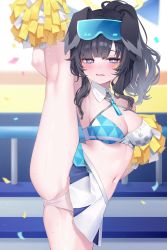 Rule 34 | 1girl, absurdres, animal ears, arm up, armpits, bare shoulders, blue archive, blush, breasts, cameltoe, cheerleader, cleavage, confetti, crotch, dog ears, dog girl, dog tail, eyewear on head, flexible, goggles, goggles on head, halo, hibiki (blue archive), hibiki (cheer squad) (blue archive), highres, holding, holding pom poms, leg lift, leg up, long hair, looking at viewer, medium breasts, millennium cheerleader outfit (blue archive), miniskirt, navel, official alternate costume, open mouth, panties, pom pom (cheerleading), pom poms, reel (riru), skirt, solo, split, standing, standing on one leg, standing split, sticker on arm, sticker on face, sweat, tail, thighs, underwear, white panties
