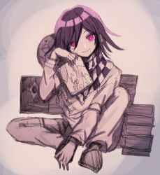 Rule 34 | 1boy, book, book stack, checkered clothes, checkered scarf, closed mouth, commentary request, danganronpa (series), danganronpa v3: killing harmony, highres, holding, jacket, long sleeves, looking at viewer, male focus, mdr (mdrmdr1003), medium hair, oma kokichi, pants, pink eyes, purple hair, scarf, sitting, sketch, smile, solo