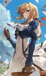 Rule 34 | 1girl, ascot, blonde hair, blue eyes, blue shirt, blue sky, brooch, cloud, commentary request, cowboy shot, day, gloves, goomrrat, grey gloves, hair between eyes, hand up, high-waist skirt, highres, holding, jewelry, juliet sleeves, long sleeves, parted lips, puffy sleeves, shirt, short hair, skirt, sky, solo, standing, violet evergarden, violet evergarden (series), white ascot, white skirt