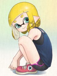 Rule 34 | 1girl, domino mask, dondoruma, female focus, inkling player character, looking at viewer, mask, nintendo, pointy ears, shorts, smile, solo, splatoon (series), squatting, tentacle hair