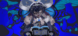 Rule 34 | 1girl, absurdres, black hair, blue background, blue hair, book, brooch, coat, fur-trimmed coat, fur-trimmed sleeves, fur trim, hat, highres, hololive, hololive china, jewelry, king (vocaloid), long hair, long sleeves, looking at viewer, mianbao yao a yao, monocle, mushroom, official art, rosalyn (hololive), solo, straight-on, virtual youtuber, vocaloid