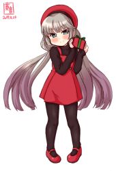 Rule 34 | 1girl, alternate costume, artist logo, beret, black pantyhose, black sweater, box, commentary request, dated, dress, gift, gift box, green eyes, grey hair, hat, highres, kanon (kurogane knights), kantai collection, long hair, looking at viewer, low twintails, mikura (kancolle), overalls, pantyhose, pinafore dress, red dress, red hat, red overalls, simple background, sleeveless, sleeveless dress, smile, solo, sweater, twintails, white background