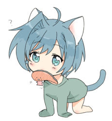 Rule 34 | 10s, 1boy, :3, ?, ahoge, animal ears, bad id, bad pixiv id, blue eyes, blue hair, blush, cardfight!! vanguard, cat boy, cat ears, cat tail, chawanmushi (ebikamaboko), closed eyes, food, food in mouth, full body, lowres, male focus, matching hair/eyes, meat, mouth hold, naked shirt, sendou aichi, shirt, short hair, simple background, sleeping, solo, tail, white background