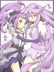 Rule 34 | 2girls, arm warmers, bow, choker, color connection, cosplay, costume switch, crossover, cure moonlight, cure moonlight (cosplay), cure sword, cure sword (cosplay), dokidoki! precure, dress, elbow gloves, flower, gloves, hair flower, hair ornament, hairpin, heartcatch precure!, kasetsu, kenzaki makoto, long hair, multiple girls, polka dot, polka dot background, ponytail, precure, purple eyes, purple hair, purple legwear, purple skirt, purple theme, ribbon, short hair, skirt, smile, spade, spade hair ornament, thighhighs, trait connection, tsukikage yuri, very long hair, waist bow