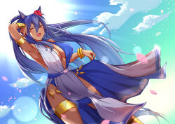 Rule 34 | 1girl, absurdres, alternate costume, animal ears, arm up, armband, armpits, black hair, blue dress, blue sky, bracelet, breasts, cherry blossoms, cleavage, cloud, cloudy sky, commentary request, cowboy shot, dark-skinned female, dark skin, dress, dutch angle, ear ornament, eve on k, fang, hair between eyes, highres, hishi amazon (umamusume), horse ears, horse girl, horse tail, jewelry, large breasts, long hair, looking at viewer, open mouth, outdoors, sky, smile, solo, tail, two-tone dress, umamusume, white dress