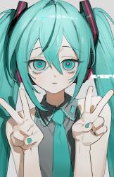 Rule 34 | 1girl, aqua eyes, aqua hair, aqua nails, aqua necktie, bare shoulders, collared shirt, commentary request, double v, frost fog, grey background, grey shirt, hair between eyes, hands up, hatsune miku, highres, long hair, looking at viewer, necktie, open mouth, pink pupils, shirt, simple background, sleeveless, sleeveless shirt, solo, twintails, upper body, v, very long hair, vocaloid