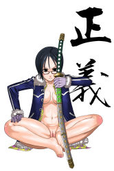 Rule 34 | 1girl, barefoot, black eyes, black hair, blush, breasts, bule, butterfly sitting, feet, female focus, full body, fur-trimmed jacket, fur trim, glasses, gloves, hand on own thigh, highres, holding, holding sword, holding weapon, jacket, katana, navel, one piece, open clothes, open jacket, open shirt, pussy, sheath, sheathed, shirt, short hair, simple background, sitting, solo, sword, tashigi, text focus, toes, translated, uncensored, weapon, white background