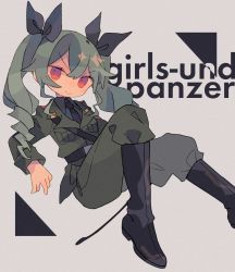 Rule 34 | 1girl, :&gt;, anchovy (girls und panzer), anzio military uniform, bad id, bad tumblr id, belt, black belt, black footwear, black necktie, black ribbon, boots, breast pocket, c:, closed mouth, copyright name, daizu (melon-lemon), drill hair, elbow rest, eyes visible through hair, film grain, foot out of frame, from side, girls und panzer, gradient eyes, grey background, grey hair, grey jacket, grey pants, hair between eyes, hair ribbon, highres, jacket, knee boots, knee up, long hair, long sleeves, looking at viewer, looking to the side, multicolored eyes, necktie, no nose, outstretched leg, pants, pants tucked in, pink eyes, pocket, red eyes, ribbon, riding crop, sam browne belt, sidelocks, sitting, smile, solo, twin drills, twintails, v-shaped eyebrows, wing collar