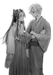 Rule 34 | 1boy, 1girl, absurdres, arm at side, butterfly hair ornament, closed mouth, crossed arms, egyuuu, feet out of frame, greyscale, hair ornament, hand up, highres, holding, holding pinwheel, holding toy, japanese clothes, kimetsu no yaiba, kimono, kochou kanae, long hair, long sleeves, looking at another, looking down, looking up, monochrome, obi, parted bangs, pinwheel, profile, sash, scar, scar on arm, scar on face, scar on forehead, scar on nose, shinazugawa sanemi, short hair, simple background, smile, standing, toy, very long hair, wide sleeves