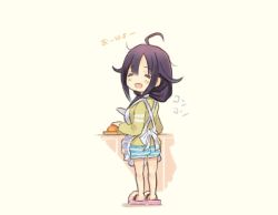 Rule 34 | 1girl, = =, ahoge, alternate costume, apron, beige background, casual, closed eyes, commentary request, frilled apron, frills, full body, hair flaps, kantai collection, knife, low twintails, purple hair, saiguchi otoufu, shorts, simple background, slippers, smile, solo, striped clothes, striped shorts, sweater, taigei (kancolle), twintails, white apron, yellow sweater