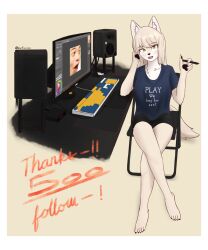 Rule 34 | 1girl, :3, animal ear fluff, animal ears, animal hands, animal nose, artist name, barefoot, bike shorts, blonde hair, blue shirt, blush, body fur, border, chair, clock, clothes writing, collarbone, crossed legs, digital clock, drawing tablet, english text, engrish text, fangs, female focus, folding chair, fox ears, fox girl, fox tail, full body, furry, furry female, hands up, happy, highres, holding, holding stylus, jeifier (korfiorano01), keyboard (computer), legs, light blush, long hair, looking at viewer, milestone celebration, monitor, on chair, open mouth, original, pawpads, pogchamp (meme), ranguage, shirt, short sleeves, sidelocks, signature, sitting, smile, solo, speaker, stylus, swept bangs, tail, teeth, thank you, thighs, tongue, twitter username, two-tone fur, white border, white fur, yellow background, yellow eyes, yellow fur