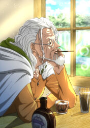 Rule 34 | alcohol, beard, black eyes, bottle, day, drink, elbows on table, facial hair, glass, glasses, highres, ice, ice cube, indoors, long sleeves, mouth hold, musasabiop, old, old man, one piece, orange shirt, robe, shirt, silvers rayleigh, sunlight, white hair, white robe, window