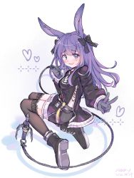 Rule 34 | 1girl, animal ears, arknights, black bow, black footwear, black jacket, black shorts, blue eyes, boots, bow, brown thighhighs, commentary, ear piercing, from behind, gloves, grey gloves, hair bow, heart, highres, jacket, long hair, long sleeves, looking at viewer, looking back, meng xue necky, piercing, puffy long sleeves, puffy sleeves, purple hair, rabbit ears, rope (arknights), shadow, shoe soles, short shorts, shorts, solo, symbol-only commentary, thighhighs, thighhighs under boots, v, very long hair, white background