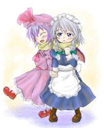 Rule 34 | 2girls, :d, ^ ^, aratsuki, aratsuki (chaingg), bad id, bad pixiv id, bat wings, blue eyes, blue hair, braid, closed eyes, closed eyes, fang, female focus, hair ribbon, hat, hat ribbon, holding hands, interlocked fingers, izayoi sakuya, multiple girls, open mouth, perfect cherry blossom, remilia scarlet, ribbon, scarf, shared clothes, shared scarf, silver hair, smile, touhou, twin braids, wings