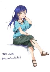 Rule 34 | 10s, 1girl, alternate costume, earrings, hand in own hair, jewelry, long hair, love live!, love live! school idol festival, love live! school idol project, necklace, pendant, puffy shorts, purple hair, shirt, shorts, sitting, smile, solo, sonoda umi, touhou, toutenkou, white background, yellow eyes