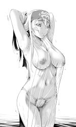 Rule 34 | 10s, 1girl, ainu clothes, armpit hair, arms behind head, blush, breasts, female pubic hair, fundoshi, greyscale, hair between eyes, headband, inverted nipples, japanese clothes, kamoi (kancolle), kantai collection, large breasts, long hair, monochrome, nipples, partially submerged, pubic hair, pubic hair peek, see-through, silver hair, smile, solo, standing, thick eyebrows, tsukineko, wading, water, wet, wet clothes