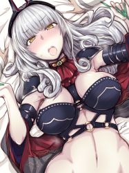 Rule 34 | 1girl, areola slip, ascot, blush, breasts, carmilla (fate), detached sleeves, fang, fate/grand order, fate (series), fingernails, fue (rhomphair), highres, horns, large breasts, long fingernails, long hair, looking at viewer, lying, navel, nose blush, on back, open mouth, out-of-frame censoring, signature, silver hair, solo focus, sweatdrop, wide sleeves, yellow eyes