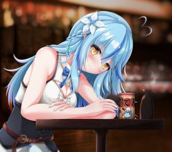 Rule 34 | 1girl, ahoge, alcohol, bar (place), bare arms, bare shoulders, belt, black corset, blouse, blue bow, blue bowtie, blue hair, blush, bow, bowtie, braid, breasts, brown belt, center frills, cleavage, cleavage cutout, closed mouth, clothing cutout, collared shirt, corset, cup, elbows on table, elf, flower, frilled shirt, frills, hair between eyes, hair flower, hair ornament, half updo, head tilt, heart, heart ahoge, highres, holding, holding cup, hololive, large breasts, leaning forward, leather belt, long hair, looking at viewer, muki (munikichan), multicolored hair, nail polish, no headwear, pointy ears, round table, sakazuki, sake, shirt, sleeveless, sleeveless shirt, smile, snowflake hair ornament, solo, streaked hair, table, tokkuri, underbust, virtual youtuber, white shirt, wooden table, yellow eyes, yukihana lamy
