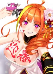 Rule 34 | 1girl, 2024, ahoge, areola slip, blonde hair, body writing, bow, breasts, chest sarashi, detached collar, diagonal-striped bow, dragon girl, dragon horns, dragon tail, drill hair, fang, flower, grin, hair flower, hair ornament, hair over shoulder, highres, hololive, horn bow, horn ornament, horns, kiryu coco, kiryu coco (new year), large breasts, long hair, looking at viewer, middle finger, multicolored hair, official alternate costume, orange hair, parted lips, pointy ears, purple eyes, purple horns, purple tail, red eyes, sarashi, side drill, smile, solo, streaked hair, tail, teeth, virtual youtuber, zabudog777