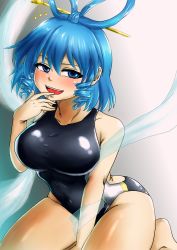 Rule 34 | 1girl, black one-piece swimsuit, blue eyes, blue hair, breasts, competition swimsuit, d-m (dii emu), drill hair, finger to mouth, hair ornament, hair rings, hair stick, highres, kaku seiga, large breasts, looking at viewer, one-piece swimsuit, open mouth, shawl, sitting, smile, swimsuit, touhou, wariza