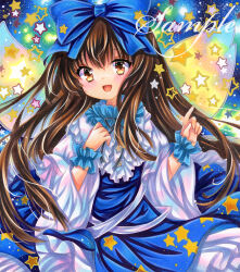 Rule 34 | 1girl, :d, blue bow, blush, bow, brown eyes, brown hair, commentary request, cowboy shot, dot nose, embellished costume, fairy wings, frills, hair bow, hands up, index finger raised, iridescent, long hair, long sleeves, looking at viewer, marker (medium), open mouth, petticoat, rui (sugar3), sample watermark, smile, solo, star (symbol), star button, star sapphire, starry background, touhou, traditional media, very long hair, watermark, wide sleeves, wings, wrist cuffs