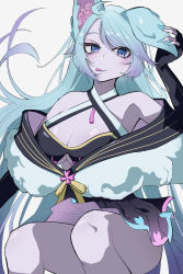 Rule 34 | 1girl, absurdres, ahoge, animal ear fluff, animal ears, black kimono, black sleeves, blue eyes, blue hair, blue nails, breasts, cherry blossom print, cleavage, clothing cutout, commentary, criss-cross halter, detached sleeves, dradra tw, english commentary, floral print, flower-shaped pupils, halterneck, highres, japanese clothes, kimono, large breasts, long hair, looking at viewer, multicolored hair, nail polish, pink hair, silvervale, streaked hair, swept bangs, symbol-shaped pupils, tongue, tongue out, virtual youtuber, vshojo, wolf ears, wolf girl