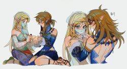 Rule 34 | 1boy, 1girl, adjusting another&#039;s hair, applying manicure, arabian clothes, back cutout, bare shoulders, blonde hair, blue eyes, blue nails, blush, braiding hair, bridal gauntlets, brown hair, chinese commentary, chinese text, clothing cutout, commentary, detached sleeves, earrings, frostbite set (zelda), gerudo set (zelda), gloves, green eyes, hair between eyes, hair tie, hair undone, hairdressing, hetero, highres, holding another&#039;s hair, holding hair tie, jewelry, link, long hair, looking at another, messy hair, midriff, mouth veil, multiple views, nail polish, navel, nintendo, official alternate costume, open mouth, painting nails, pelvic curtain, pointy ears, ponytail, princess zelda, sandals, scar, scar on arm, scar on back, scar on hand, scar on leg, scar on shoulders, seiza, shuo yue, side slit, sideways glance, simple background, sitting, smile, sweat, textless version, the legend of zelda, the legend of zelda: breath of the wild, the legend of zelda: tears of the kingdom, too many, too many scars, veil, very long hair, white background