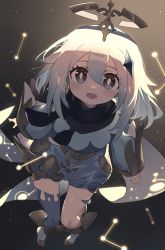 Rule 34 | 1girl, :d, boots, commentary request, constellation, dress, full body, genshin impact, grey eyes, hair between eyes, halo, highres, knee boots, long hair, long sleeves, looking at viewer, open mouth, paimon (genshin impact), single thighhigh, smile, solo, thighhighs, thighhighs under boots, wagashi928, white dress, white footwear, white hair, white thighhighs