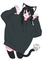 Rule 34 | :d, ahoge, animal ears, black eyes, black hair, black hoodie, black shorts, blush, cat ears, cat girl, cat tail, claw pose, commentary request, fangs, happy, highres, hood, hoodie, long hair, medium bangs, megateru, messy hair, open mouth, original, oversized clothes, paw print, shorts, simple background, skindentation, sleeves past wrists, smile, tail, tareme, thighhighs, very long hair, white background