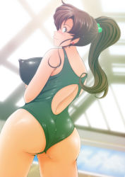 Rule 34 | 1girl, ass, bishoujo senshi sailor moon, blush, breasts, brown hair, cameltoe, covered erect nipples, green eyes, green one-piece swimsuit, highres, huge ass, huge breasts, kino makoto, looking at viewer, looking back, nanashi noiji, one-piece swimsuit, ponytail, rei no pool, sailor jupiter, smile, solo, swimsuit, tagme