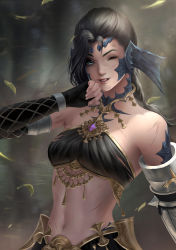 Rule 34 | 1girl, au ra, bare shoulders, black hair, blurry, blurry background, braid, chuby mi, dragon horns, elbow gloves, final fantasy, final fantasy xiv, fingerless gloves, gloves, grey eyes, halterneck, highres, horns, injury, lips, long hair, looking at viewer, midriff, navel, one eye closed, open mouth, scales, solo, wind