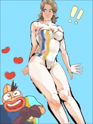 Rule 34 | !, !!, 1boy, 1girl, artist request, bare legs, blue background, blush, breasts, brown eyes, brown hair, cleavage, curvy, gloves, heart, heart-shaped pupils, hetero, kinniku mantarou, kinnikuman, long hair, looking at another, looking to the side, low twintails, nikaidou rinko (kinnikuman), one-piece swimsuit, shiny skin, smile, standing, swimsuit, symbol-shaped pupils, twintails