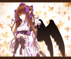 Rule 34 | 1girl, black wings, border, brown eyes, brown hair, checkered sash, crote, expressionless, hair ornament, hair ribbon, hat, highres, himekaidou hatate, japanese clothes, katana, kourindou tengu costume, leaf, long hair, long sleeves, looking at viewer, maple leaf, obi, pointy ears, pom pom (clothes), ribbon, sash, solo, string, sword, tokin hat, touhou, twintails, weapon, wide sleeves, wings
