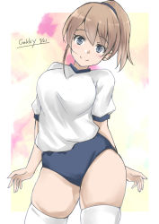 Rule 34 | 1girl, blue buruma, blush, breasts, brown hair, buruma, dated, gakky, gym uniform, intrepid (kancolle), kantai collection, large breasts, one-hour drawing challenge, ponytail, shirt, short sleeves, signature, simple background, skindentation, smile, solo, thighhighs, white shirt, white thighhighs