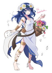 Rule 34 | 1girl, armlet, barefoot, basket, blue eyes, blue hair, bracelet, closed mouth, dress, fire emblem, fire emblem awakening, fire emblem heroes, flower, flower basket, full body, hair flower, hair ornament, holding, holding basket, jewelry, long hair, looking at viewer, lucina (fire emblem), lucina (valentine) (fire emblem), nintendo, official alternate costume, petals, ryoto soukyuu, signature, sleeveless, sleeveless dress, smile, solo, thighlet, white background, white dress