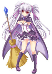 Rule 34 | 1girl, :&lt;, bad id, bad pixiv id, belt, boots, broom, cape, elbow gloves, frost auslese, full body, gem, gloves, hinata momo, legs, light purple hair, long hair, magical halloween, panties, red eyes, silver hair, simple background, skirt, solo, twintails, underwear