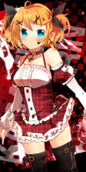Rule 34 | 1girl, ahoge, alternate costume, alternate hairstyle, ao ringo, aqua eyes, bare shoulders, belt, black thighhighs, blonde hair, blush, boots, collar, corset, cross, detached sleeves, earrings, expressionless, facial tattoo, frills, hair ribbon, heart, highres, jewelry, kagamine rin, lace, plaid, plaid skirt, pleated skirt, ribbon, short hair, short twintails, skirt, solo, standing, tattoo, thigh boots, thighhighs, twintails, vocaloid, wavy hair, zettai ryouiki