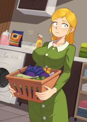 Rule 34 | 1girl, barleyshake, black eyes, blonde hair, blush, bottle, breasts, collarbone, collared dress, cowboy shot, dress, expressionless, green dress, highres, holding, indoors, large breasts, laundry, laundry basket, laura tucker, long sleeves, looking at viewer, mature female, medium hair, shadow, signature, solo, south park, spray bottle, washing machine