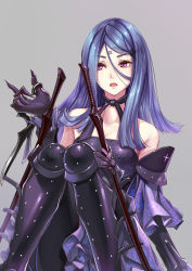 Rule 34 | 1girl, bare shoulders, blue hair, breasts, cleavage, collarbone, drag-on dragoon, drag-on dragoon 3, eyelashes, facial mark, feet out of frame, forehead mark, gloves, gogo (detteiu de), grey background, hair between eyes, hair ornament, highres, knees together feet apart, long hair, medium breasts, open mouth, purple eyes, purple gloves, roman numeral, solo, straight hair, three (drag-on dragoon)