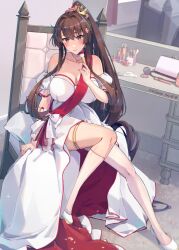 Rule 34 | 1girl, alternate costume, blush, breasts, brown eyes, brown hair, cleavage, crown, dress, flower, hair between eyes, hair ornament, high heels, himeyamato, kantai collection, large breasts, long hair, looking at viewer, ponytail, ribbon, smile, solo, very long hair, white dress, yamato (kancolle)