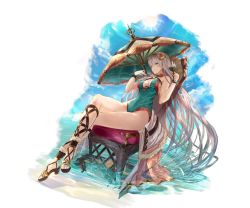 Rule 34 | 1girl, anastasia (fate), aqua eyes, aqua one-piece swimsuit, beach umbrella, blush, breasts, chair, choker, criss-cross halter, crossed legs, cup, artistic error, expressionless, fate/grand order, fate (series), flower, groin, hair flower, hair ornament, hairband, halterneck, holding, holding cup, jewelry, large breasts, long hair, looking at viewer, lounge chair, one-piece swimsuit, parted lips, silver hair, sitting, solo, swimsuit, thighs, umbrella, very long hair, wristband, wrong foot, yatsuka (846)