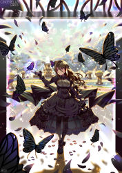 Rule 34 | 1girl, absurdres, artist name, backlighting, bad id, bad pixiv id, black bow, black bowtie, black dress, black footwear, black gloves, black hair, black ribbon, black thighhighs, bow, bowtie, breasts, bsue, bug, butterfly, butterfly hair ornament, closed mouth, cloud, cloudy sky, commentary request, copyright request, day, dress, falling petals, fishnets, fountain, frilled dress, frills, glint, gloves, hair between eyes, hair ornament, hair ribbon, hand up, highres, idolmaster, idolmaster cinderella girls, insect, juliet sleeves, kanzaki ranko, light particles, long sleeves, looking to the side, mary janes, medium breasts, outdoors, petals, pointing, puffy sleeves, red eyes, ribbon, shoes, sky, sleeves past wrists, smile, solo, thighhighs, underbust, wavy hair