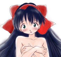 Rule 34 | 1girl, alternate eye color, blue hair, blush, breasts, covering breasts, covering privates, green eyes, hair ribbon, highres, large breasts, long hair, looking at viewer, nakoruru, nude, open mouth, ribbon, samurai spirits, snk, solo, surprised, the king of fighters, upper body