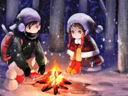 Rule 34 | 1boy, 1girl, backpack, bag, beanie, black gloves, black hair, black scarf, braid, brown eyes, brown hair, burning, campfire, capelet, child, coat, commentary request, covered mouth, earmuffs, fire, fire, forest, fur trim, gloves, green coat, hands on own knees, hat, highres, long sleeves, looking at another, nature, original, pants, pouch, red footwear, sako (35s 00), scarf, shoes, sitting, snow, snowing, squatting, tree, twin braids, white pants, winter clothes