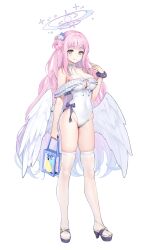 Rule 34 | 1girl, angel wings, bag, black scrunchie, blue archive, breasts, cleavage, cleavage cutout, clothing cutout, covered navel, flower, full body, hair bun, hair flower, hair ornament, halo, high heels, highres, holding, holding bag, large breasts, long hair, low wings, mika (blue archive), one-piece swimsuit, pink hair, platform footwear, purple flower, rity, sandals, scrunchie, simple background, single side bun, solo, swimsuit, thighhighs, twitter username, very long hair, white background, white one-piece swimsuit, white thighhighs, white wings, wings, wrist scrunchie, yellow eyes