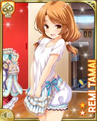 Rule 34 | 1girl, annoyed, bare legs, bow, brown eyes, brown hair, card (medium), day, dressing, dressing room, girlfriend (kari), gloves, indoors, looking at viewer, low twintails, official art, open mouth, qp:flapper, shirt, shirt tug, skirt, solo, striped, striped bow, tagme, tamai remi, twintails, white bow, white gloves, white shirt, white skirt