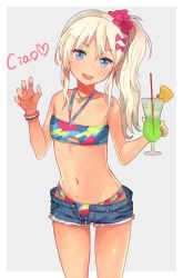 Rule 34 | 1girl, :d, bikini, blonde hair, blue eyes, blue shorts, border, bracelet, cowboy shot, cup, dark-skinned female, dark skin, denim, denim shorts, drinking glass, drinking straw, fingernails, flat chest, grecale (kancolle), grey background, halterneck, hand up, heart, holding, italian text, jewelry, kantai collection, kasumi (skchkko), looking at viewer, multicolored bikini, multicolored clothes, nail polish, navel, necklace, one side up, open mouth, pink nails, short shorts, shorts, smile, solo, strapless, swimsuit, tan, translated, tube top, white border