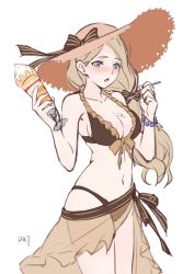 Rule 34 | 1girl, absurdres, bikini, black bikini, black bow, blue eyes, blush, bow, breasts, commentary, cowboy shot, da-cart, fire emblem, fire emblem: three houses, fire emblem heroes, food, front-tie bikini top, front-tie top, hair bow, hand up, hat, hat bow, highres, holding, holding spoon, ice cream, long hair, medium breasts, mercedes von martritz, navel, nintendo, open mouth, sarong, see-through, silver hair, simple background, solo, spoon, standing, stomach, sun hat, sundae, swimsuit, white background, unfinished